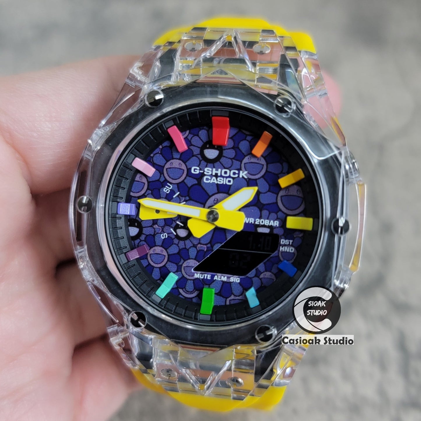 Casioak Mod Watch Transparent Case Yellow Strap Black Rainbow Time Mark Purple Takashi Murakami Dial 44mm- Casioak Mod Casio G-Shock Royal Oak Custom Mens Luxury Watches Ga2100