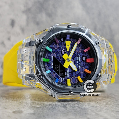 Casioak Mod Watch Transparent Case Yellow Strap Black Rainbow Time Mark Purple Takashi Murakami Dial 44mm- Casioak Mod Casio G-Shock Royal Oak Custom Mens Luxury Watches Ga2100