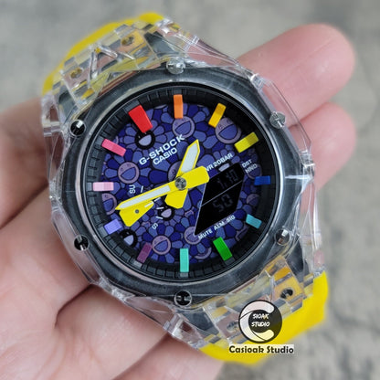 Casioak Mod Watch Transparent Case Yellow Strap Black Rainbow Time Mark Purple Takashi Murakami Dial 44mm- Casioak Mod Casio G-Shock Royal Oak Custom Mens Luxury Watches Ga2100