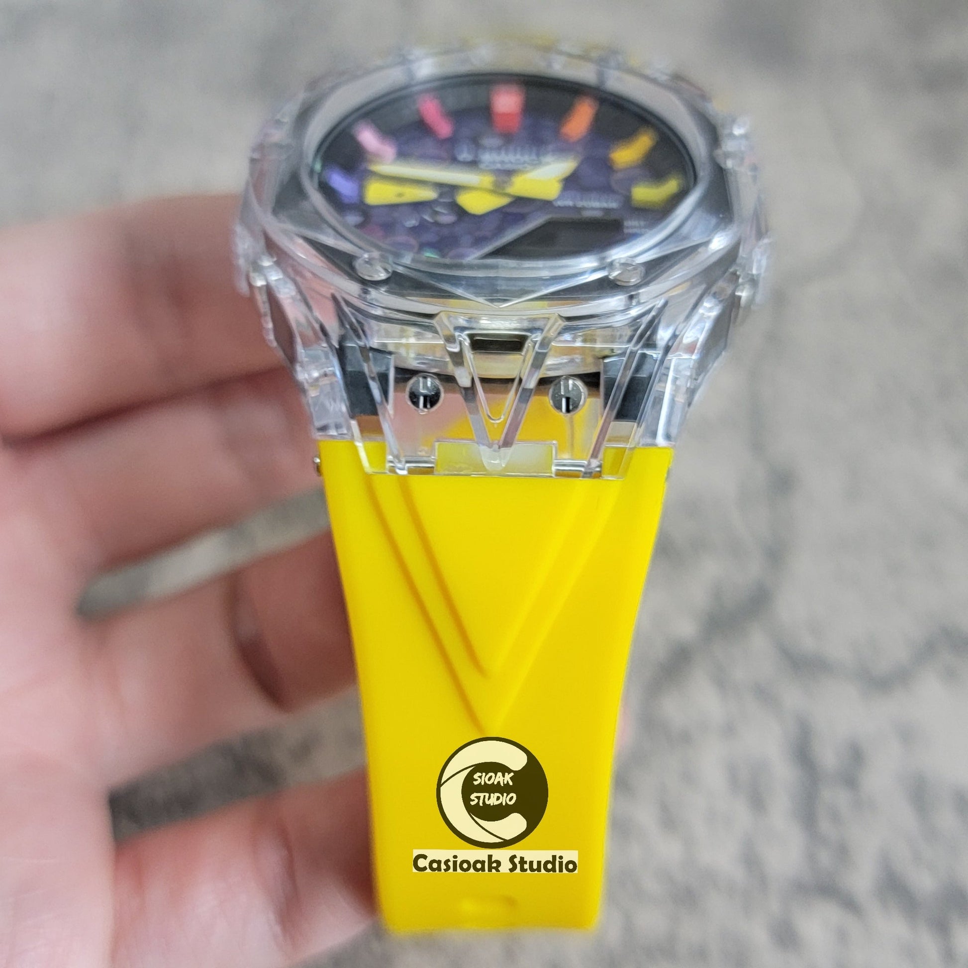 Casioak Mod Watch Transparent Case Yellow Strap Black Rainbow Time Mark Purple Takashi Murakami Dial 44mm- Casioak Mod Casio G-Shock Royal Oak Custom Mens Luxury Watches Ga2100