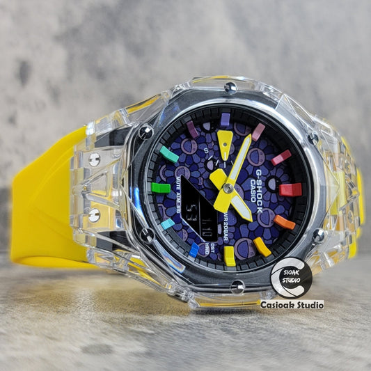 Casioak Mod Watch Transparent Case Yellow Strap Black Rainbow Time Mark Purple Takashi Murakami Dial 44mm- Casioak Mod Casio G-Shock Royal Oak Custom Mens Luxury Watches Ga2100