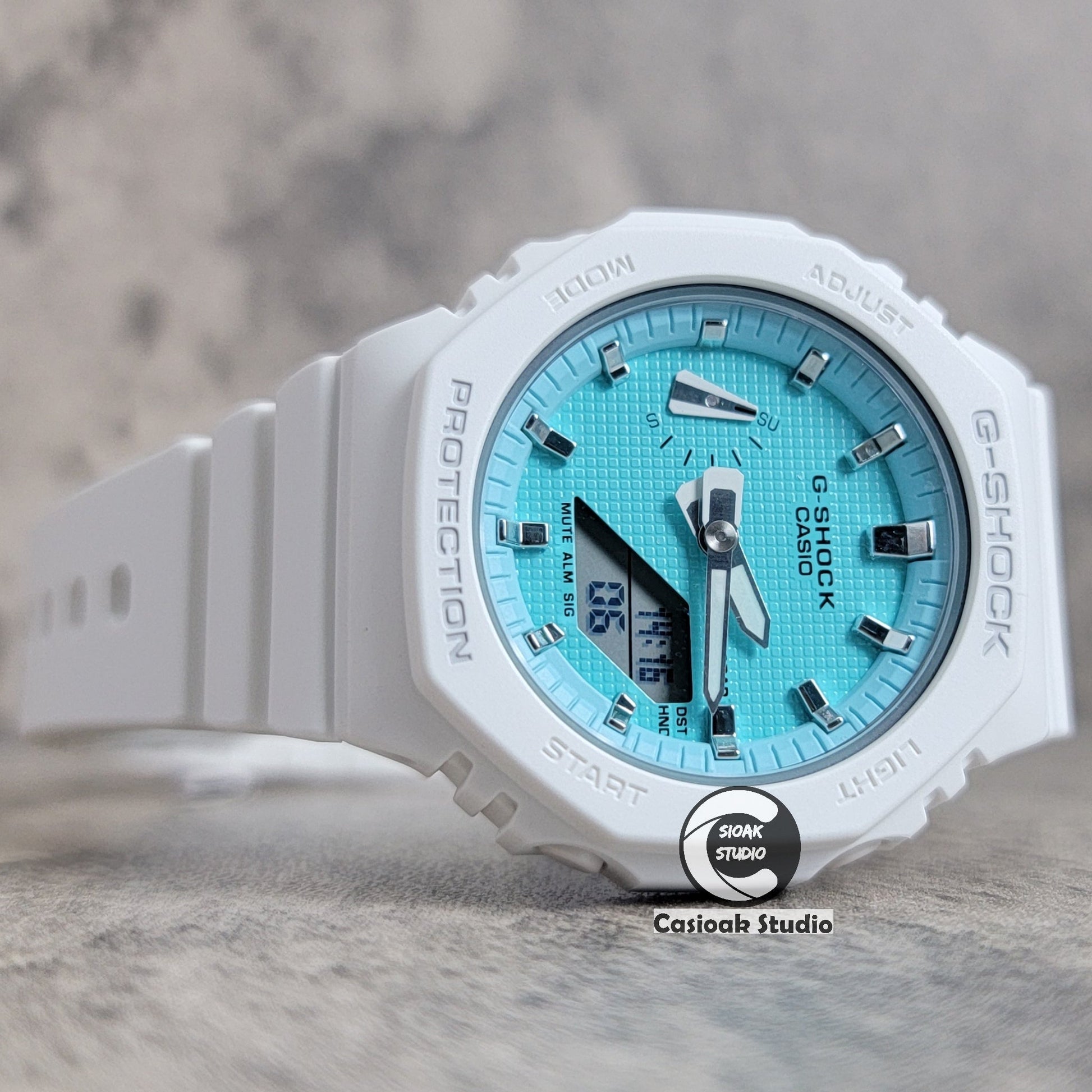 Casioak Mod Watch White Case Plastic Strap Tiff Silver Time Mark Tiff Blue Dial 42mm- Casioak Mod Casio G-Shock Royal Oak Custom Mens Luxury Watches Ga2100