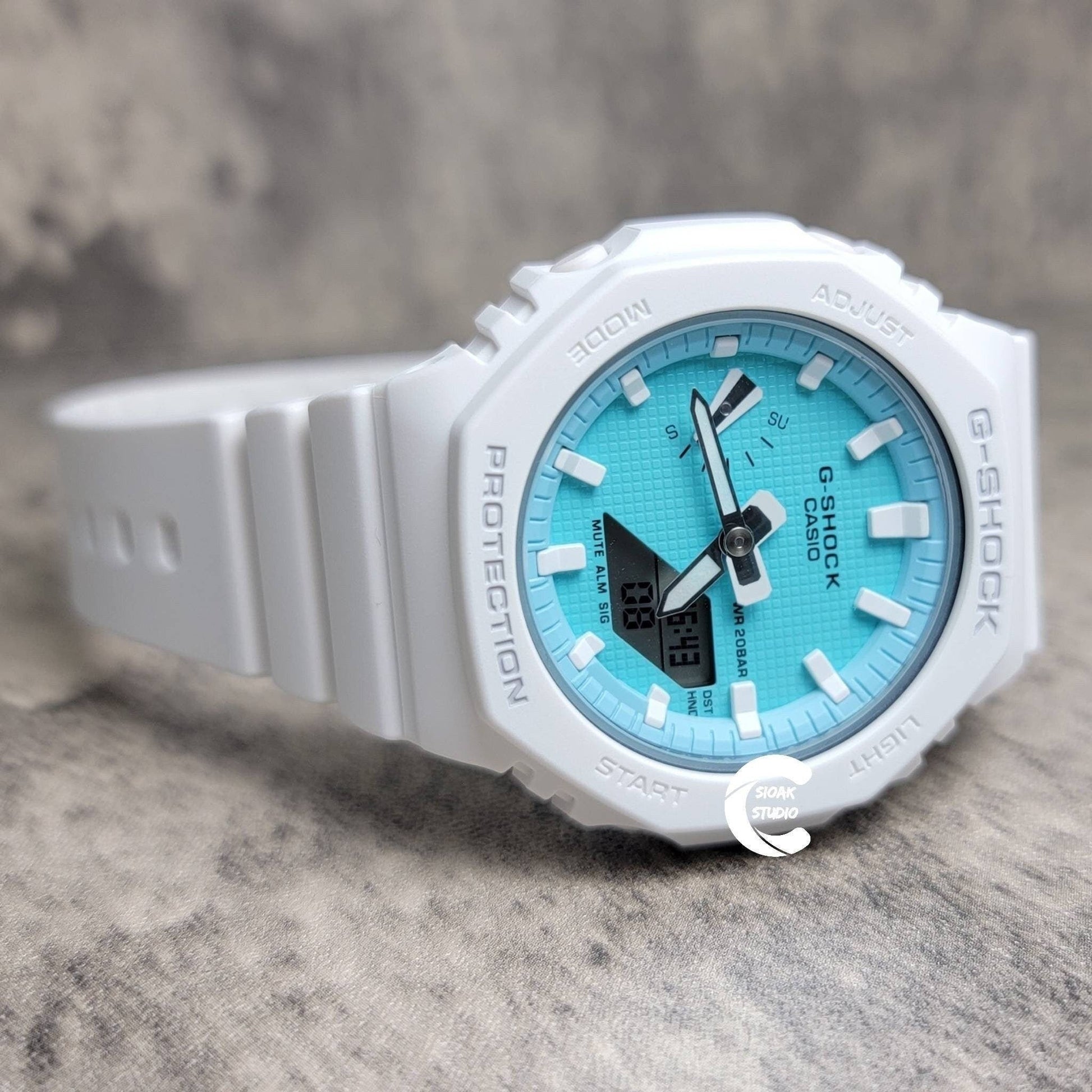 Casioak Mod Watch White Case Plastic Strap Tiff white Time Mark Tiff Blue Dial 42mm- Casioak Mod Casio G-Shock Royal Oak Custom Mens Luxury Watches Ga2100