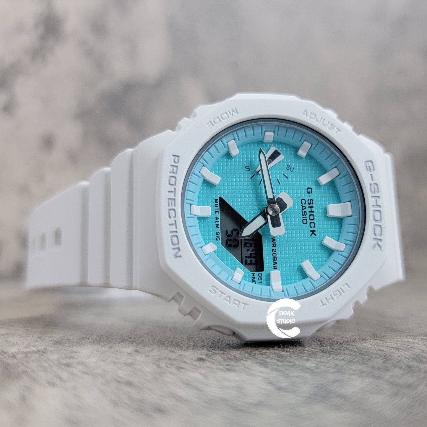 Casioak Mod Watch White Case Plastic Strap Tiff white Time Mark Tiff Blue Dial 42mm- Casioak Mod Casio G-Shock Royal Oak Custom Mens Luxury Watches Ga2100