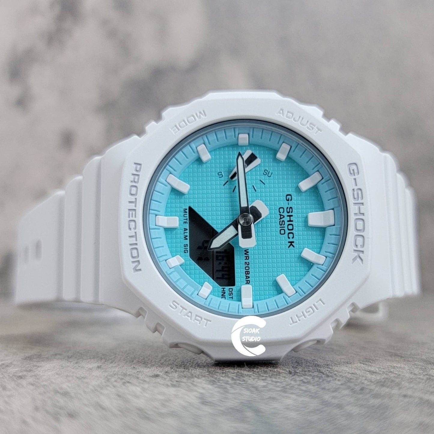 Casioak Mod Watch White Case Plastic Strap Tiff white Time Mark Tiff Blue Dial 42mm- Casioak Mod Casio G-Shock Royal Oak Custom Mens Luxury Watches Ga2100