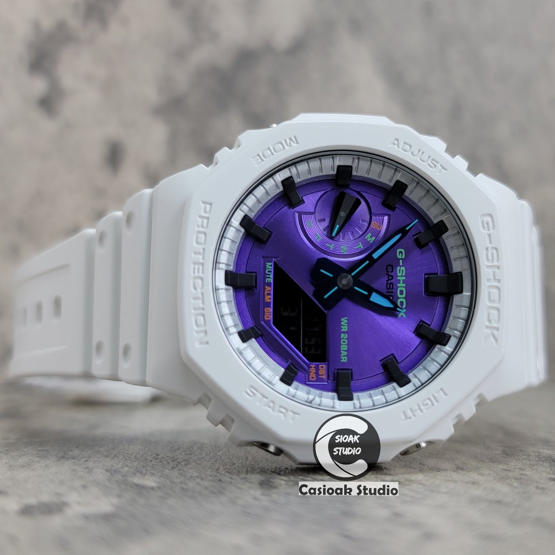 Casioak Mod Watch White Plastic Case Strap Silver Black Time Mark Purple Dial 44mm- Casioak Mod Casio G-Shock Royal Oak Custom Mens Luxury Watches Ga2100