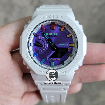 Casioak Mod Watch White Plastic Case Strap Silver Rainbow Time Mark Purple Dial 44mm- Casioak Mod Casio G-Shock Royal Oak Custom Mens Luxury Watches Ga2100