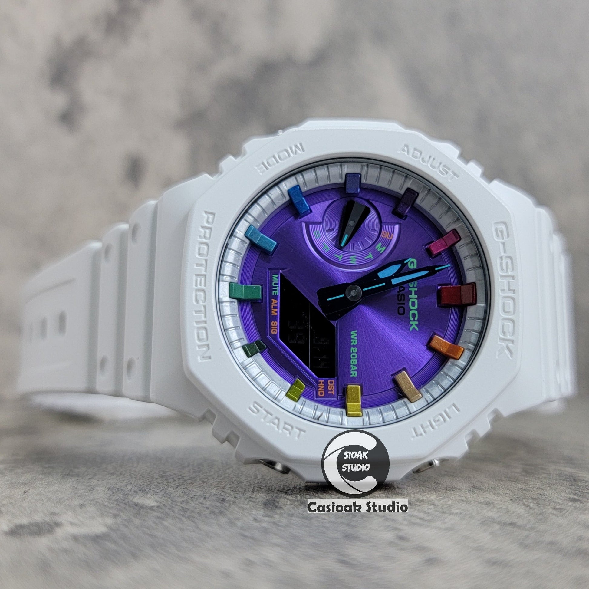 Casioak Mod Watch White Plastic Case Strap Silver Rainbow Time Mark Purple Dial 44mm- Casioak Mod Casio G-Shock Royal Oak Custom Mens Luxury Watches Ga2100