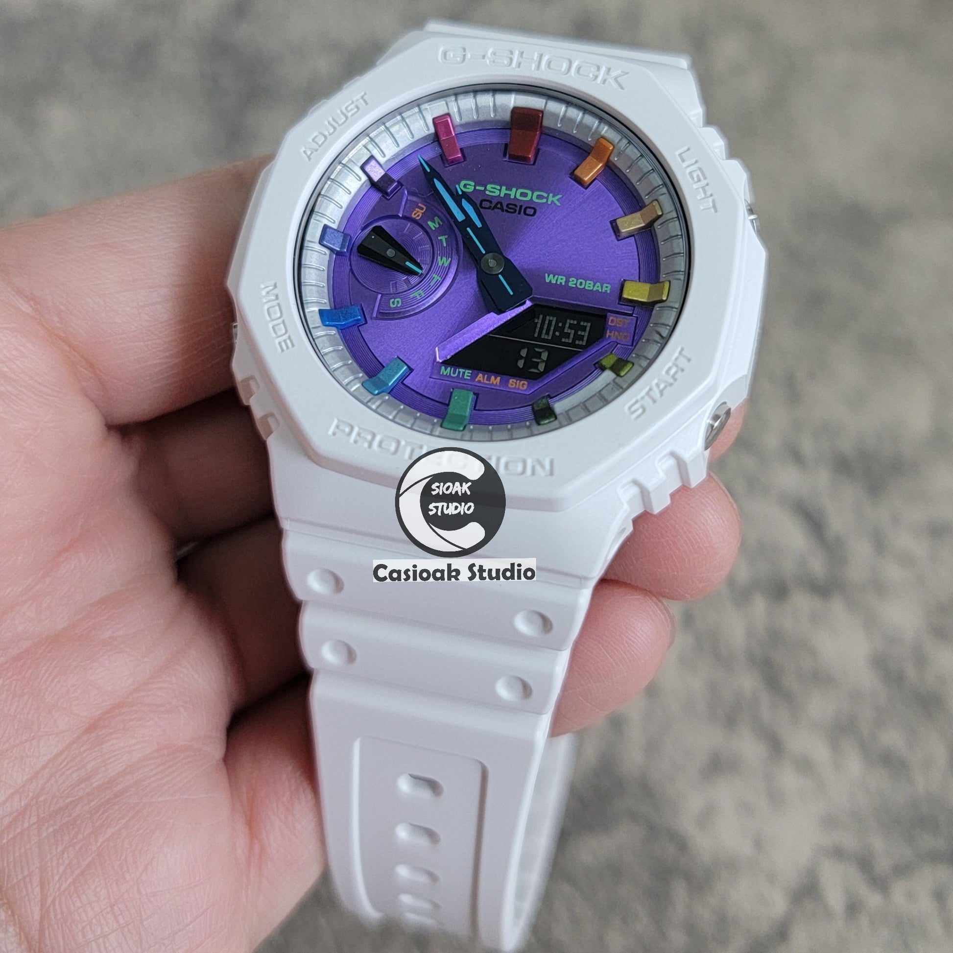 Casioak Mod Watch White Plastic Case Strap Silver Rainbow Time Mark Purple Dial 44mm- Casioak Mod Casio G-Shock Royal Oak Custom Mens Luxury Watches Ga2100