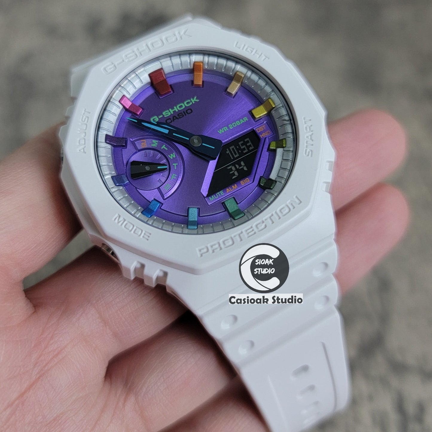 Casioak Mod Watch White Plastic Case Strap Silver Rainbow Time Mark Purple Dial 44mm- Casioak Mod Casio G-Shock Royal Oak Custom Mens Luxury Watches Ga2100