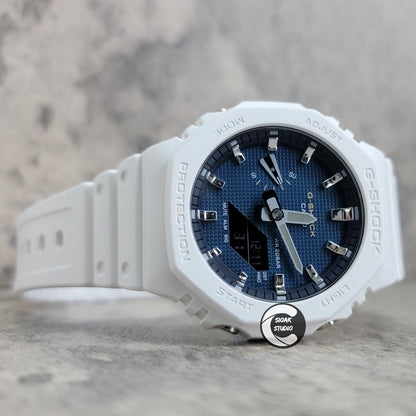 Casioak Mod Watch White Plastic Case Strap Silver Time Mark Blue Waffle Dial 44mm- Casioak Mod Casio G-Shock Royal Oak Custom Mens Luxury Watches Ga2100