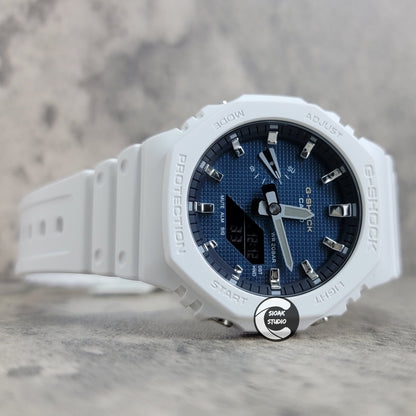 Casioak Mod Watch White Plastic Case Strap Silver Time Mark Blue Waffle Dial 44mm- Casioak Mod Casio G-Shock Royal Oak Custom Mens Luxury Watches Ga2100