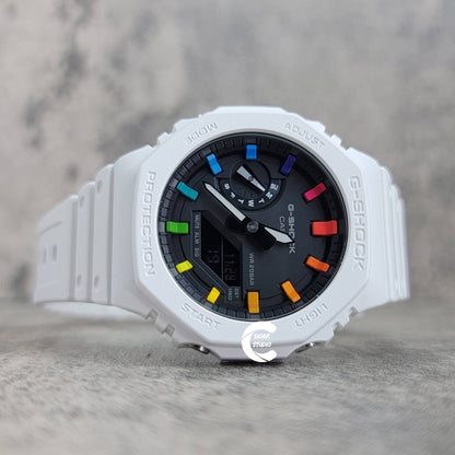 Casioak Mod Watch White Plastic Case White Strap Black Rainbow Time Mark Black Dial 44mm- Casioak Mod Casio G-Shock Royal Oak Custom Mens Luxury Watches Ga2100