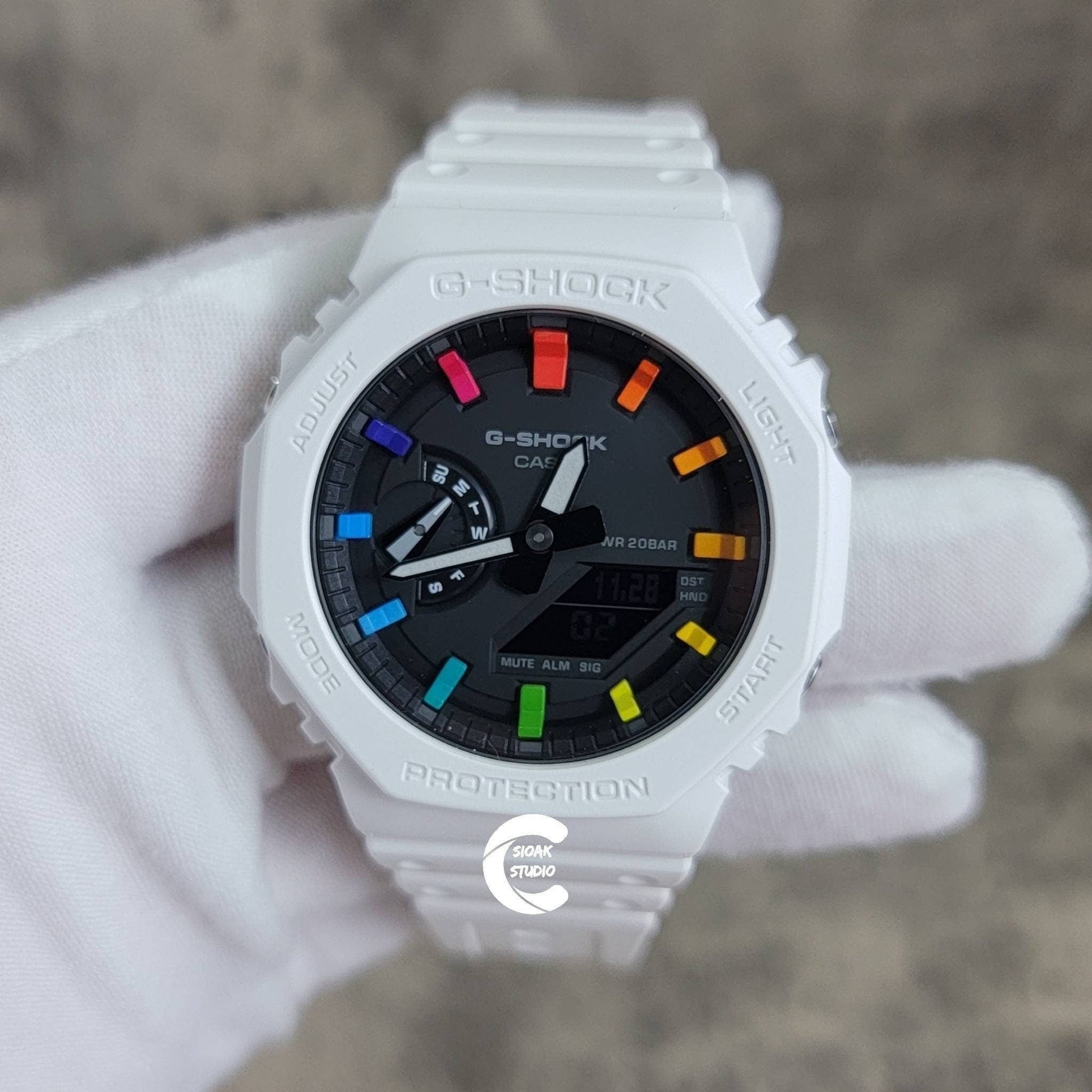 Casioak Mod Watch White Plastic Case White Strap Black Rainbow Time Mark Black Dial 44mm- Casioak Mod Casio G-Shock Royal Oak Custom Mens Luxury Watches Ga2100