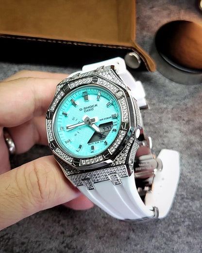 Couple Watch Casioak Mod Watch Couple Silver Case Strap Tiff Blue Dial- Casioak Mod Casio G-Shock Royal Oak Custom Mens Luxury Watches Ga2100