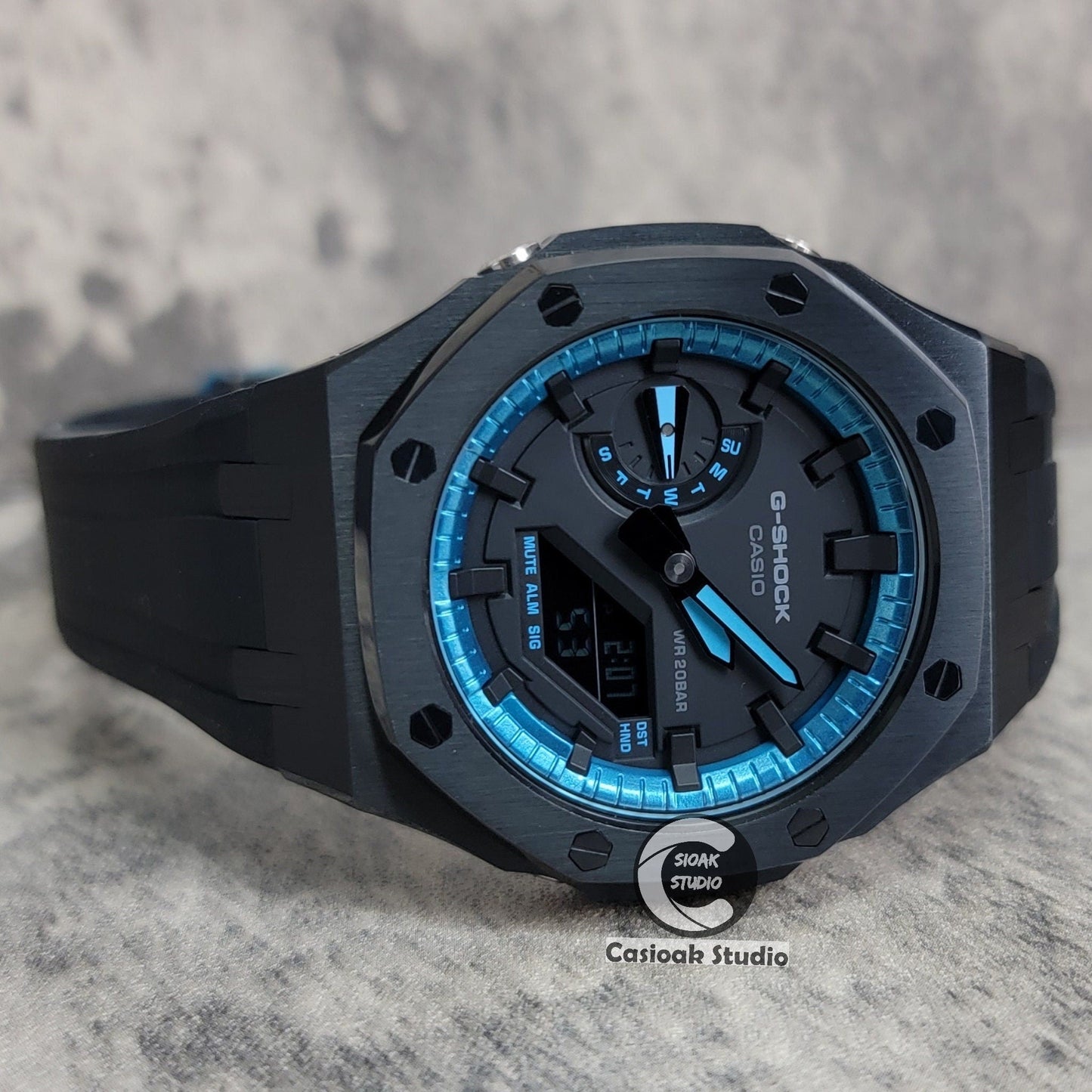 Casioak Mod Watch Black Case Black Rubber Strap Blue Black Time Mark Black Dial 44mm- Casioak Mod Casio G-Shock Royal Oak Custom Mens Luxury Watches Ga2100