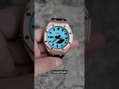 Casioak Mod Watch Rose Gold Case Black Rubber Strap Tiff Blue Time Mark Tiff Blue Dials 44mm