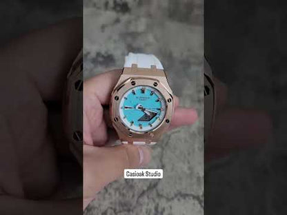 Casioak Mod Watch Rose Gold Case White Rubber Strap White Silver Time Mark Tiff Blue Dials 42mm