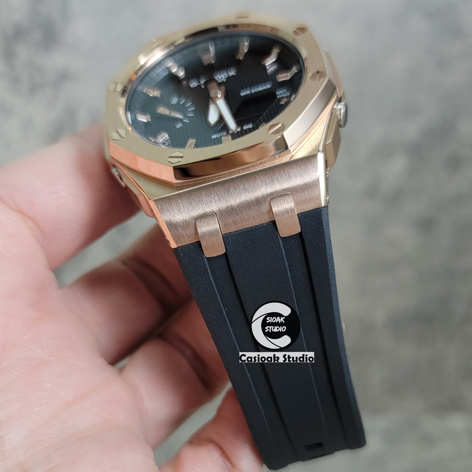 Casioak Mod Watch Offshore Superior Rosegold Case Black Rubber Strap Black Rosegold Time Mark Black Waffle Dial 44mm- Casioak Mod Casio G-Shock Royal Oak Custom Mens Luxury Watches Ga2100